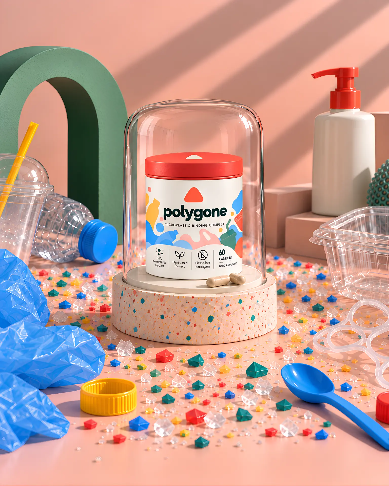 Polygone microplastic-binding supplement tin under a glass dome, surrounded by everyday plastic items and microplastic fragments