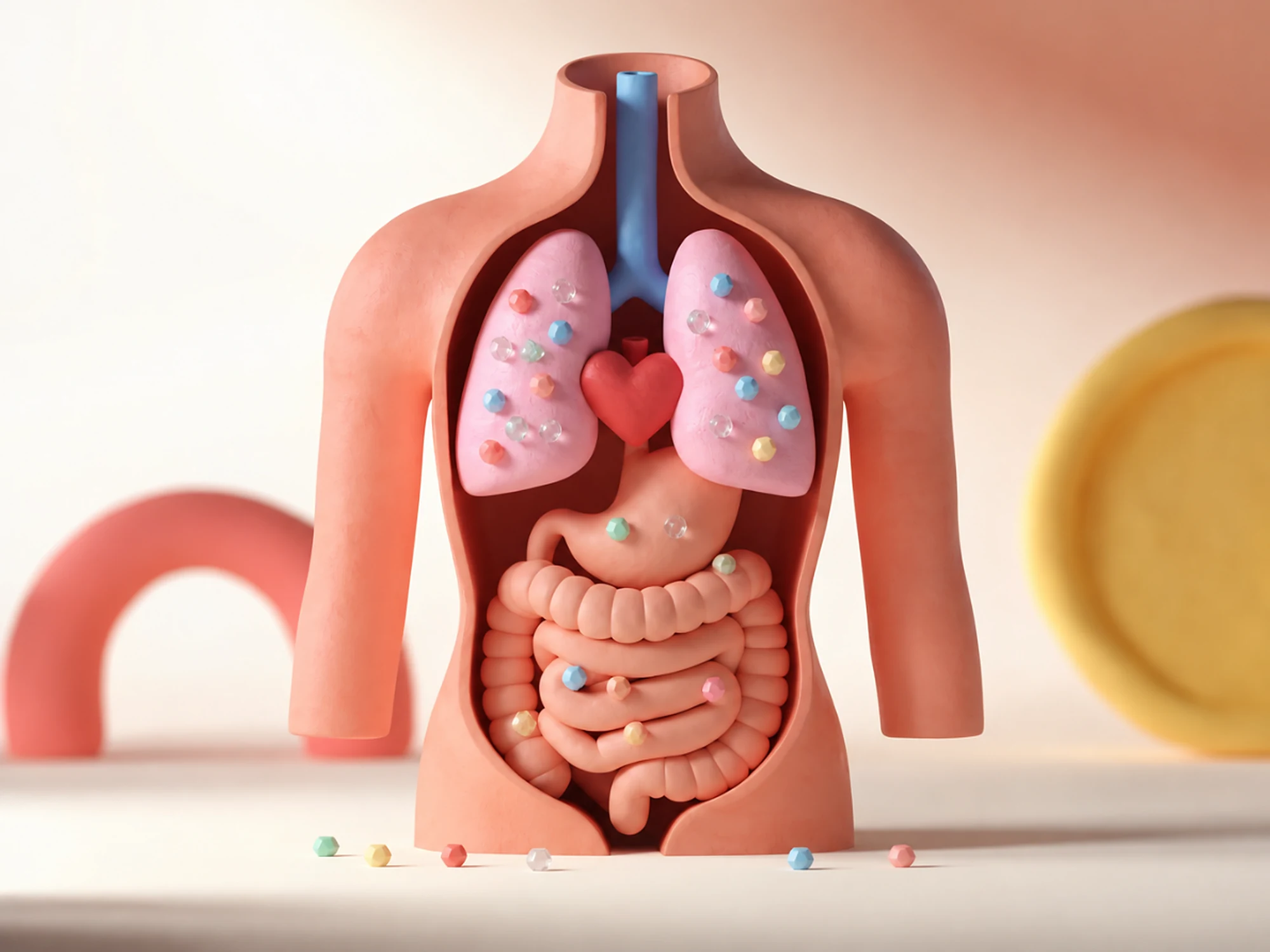 Illustration of the human lungs, heart and digestive system containing tiny plastic particles